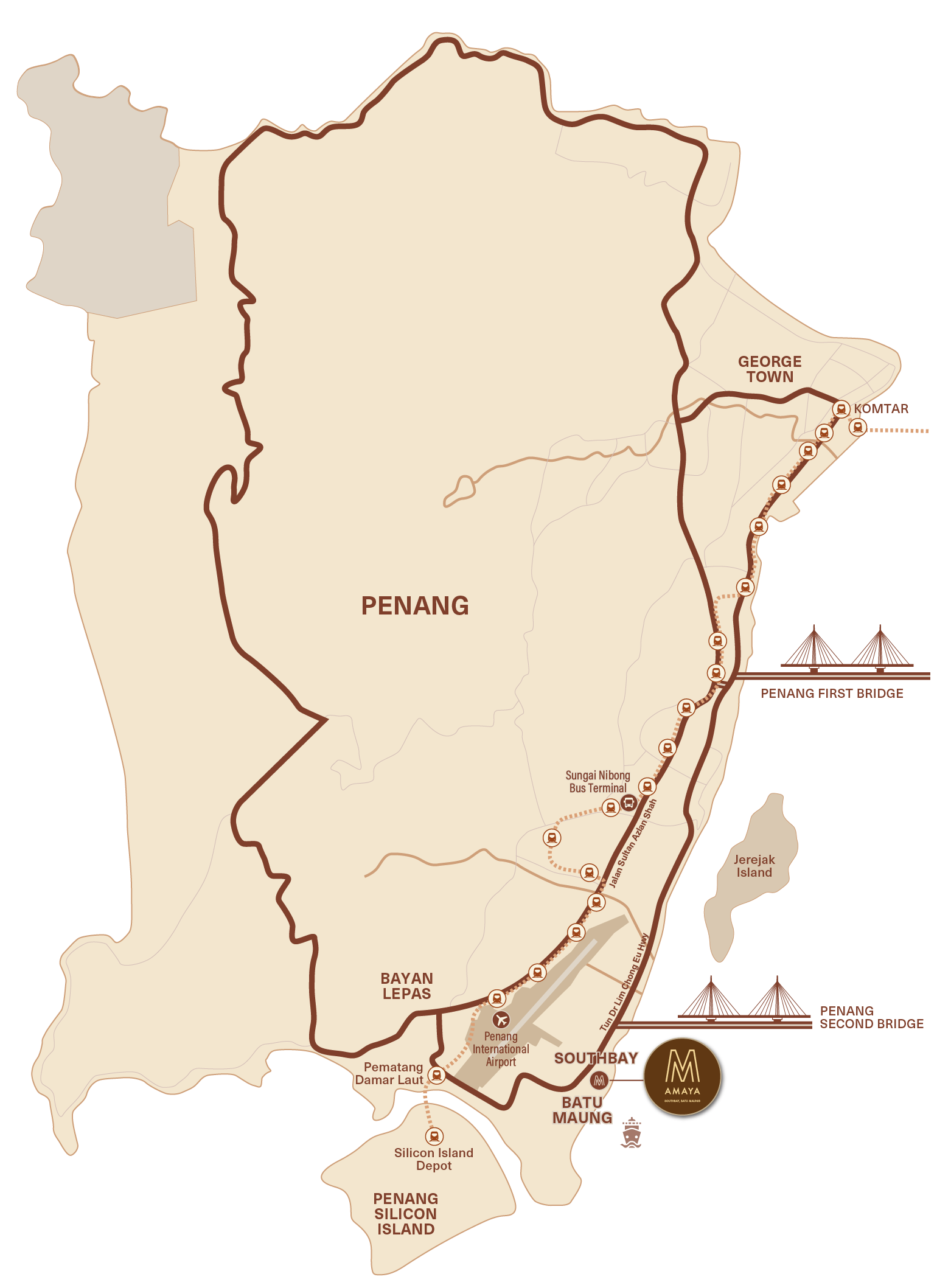 M Amaya location map: Southbay City, Batu Maung, with the Penang First and Second Bridges, Penang International Airport, the upcoming Mutiara LRT line and Penang Silicon Island